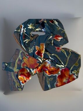 DKNY Teal Sheer Scarf with Multicolor Velvet Floral Appliqué